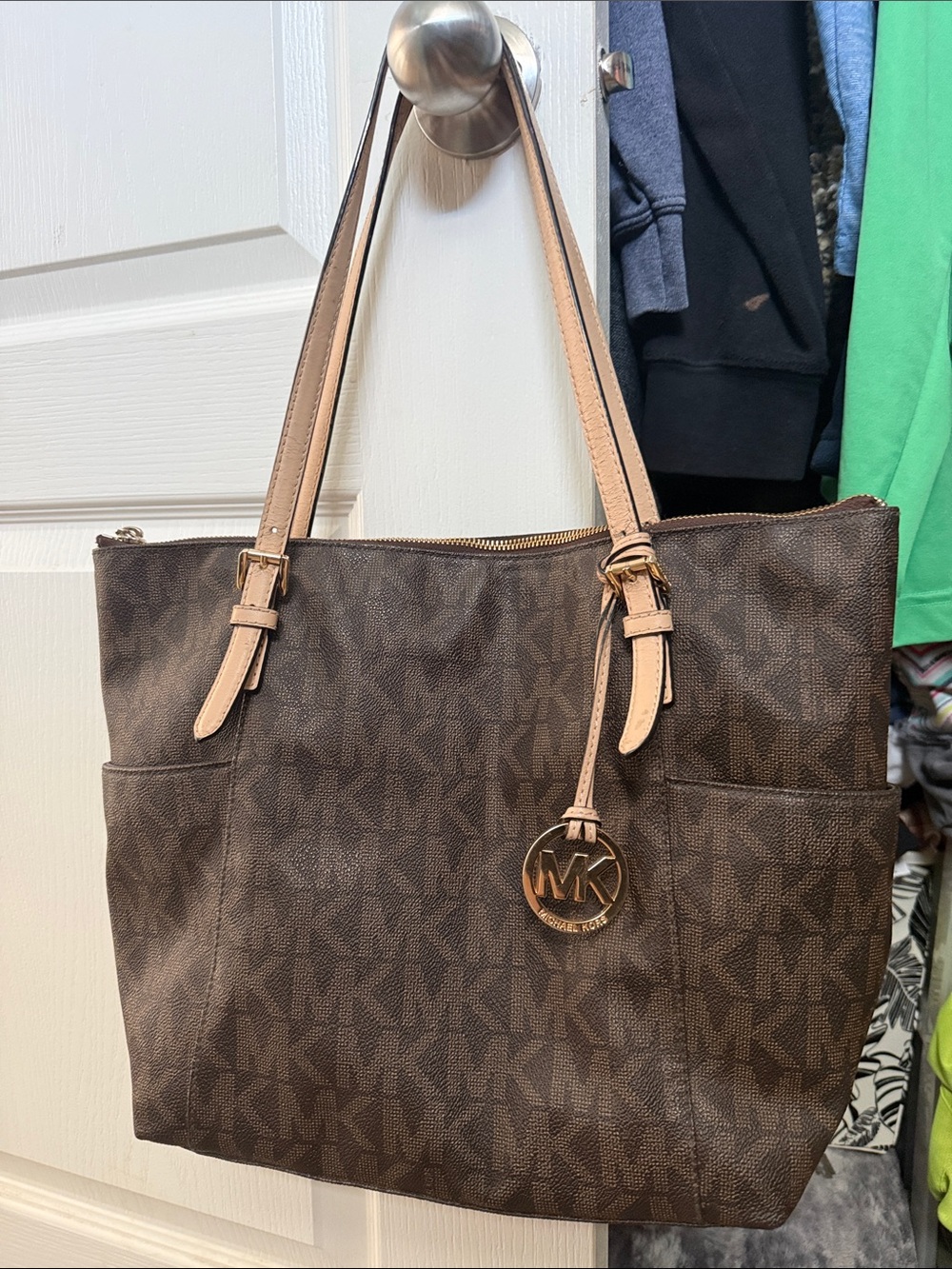 Michael Kors Brown Logo Tote with Tan Straps and Gold Charm